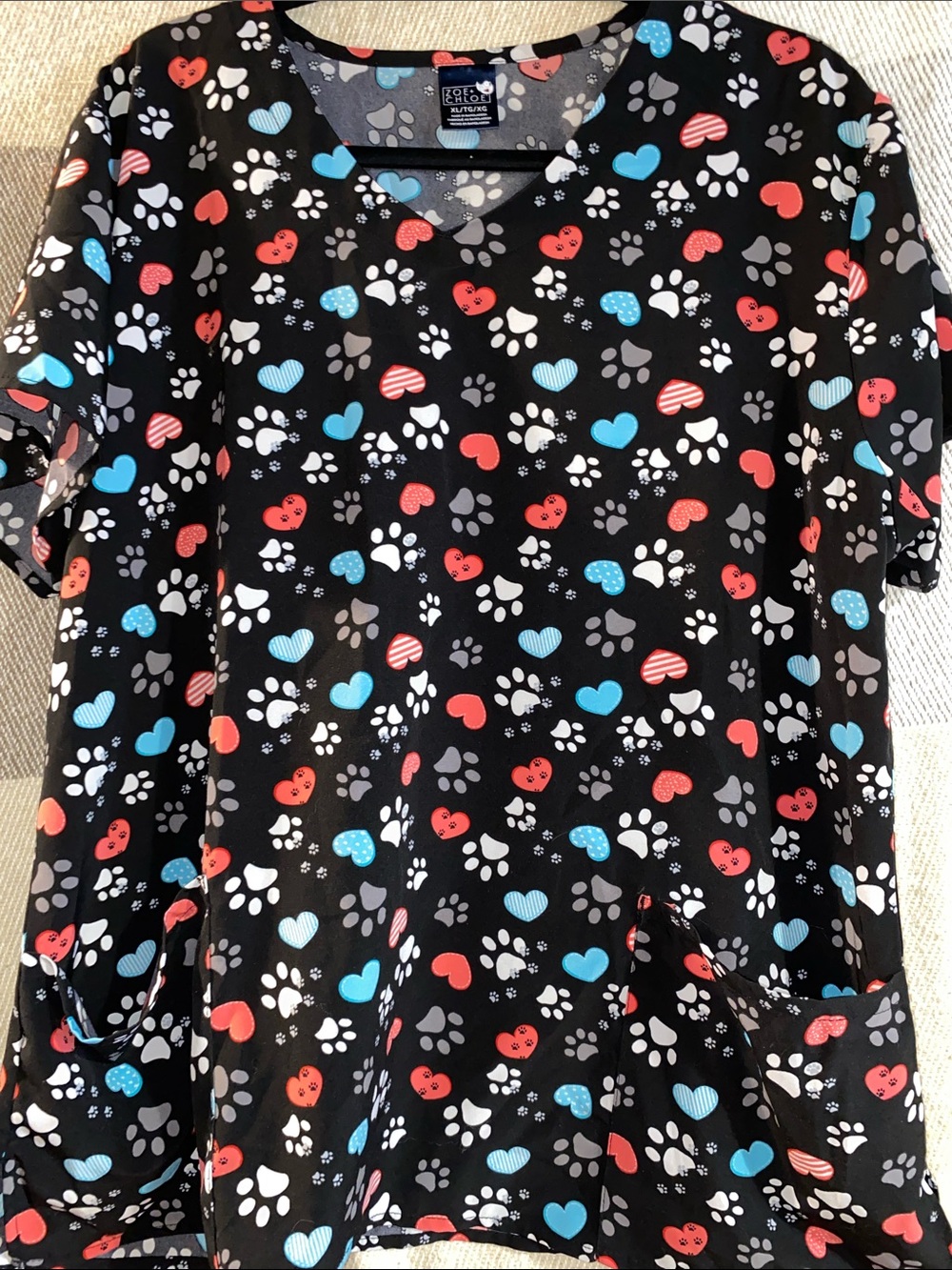Zoe and Chloe Black Scrub Top with Red and Blue Heart & Paw Print